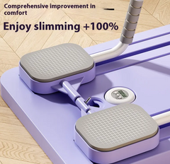 Purple and gray stepper with digital display on a wooden floor, text about comfort and slimming improvement.