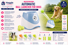 Haggie Automatic Ball Launcher for Dogs with features and specifications displayed.