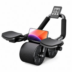 Black exercise bike with digital display and smartphone holder on a white background