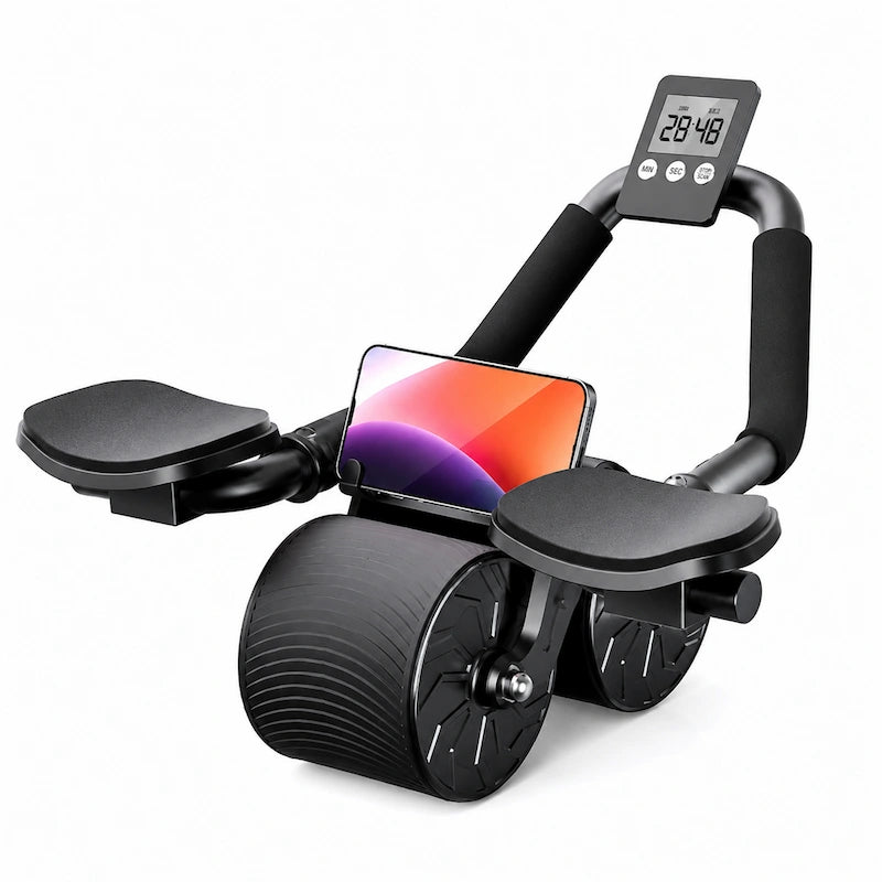 Black exercise bike with digital display and smartphone holder on a white background
