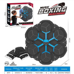 Music Boxing Machine with packaging, gloves, and dimensions displayed.