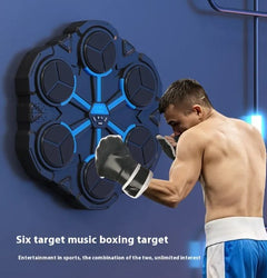 Person punching a six-target music boxing target against a blue background