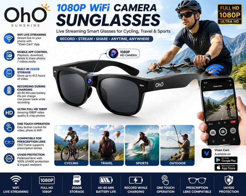 OhO Sunshine 256GB Smart Camera Sunglasses – Full HD WiFi