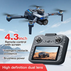 Drone and remote control with screen displaying a desert scene on a white background