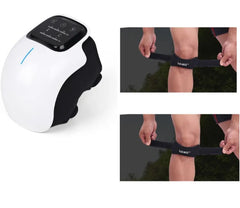 White electronic device with black band and images of a person wearing the band on their knee.