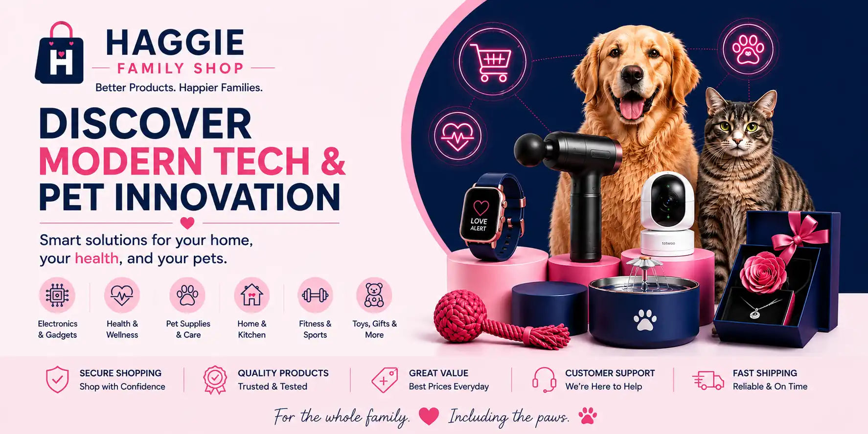 Advertisement for Haggie Family Shop featuring a dog and cat with pet products on a blue background.