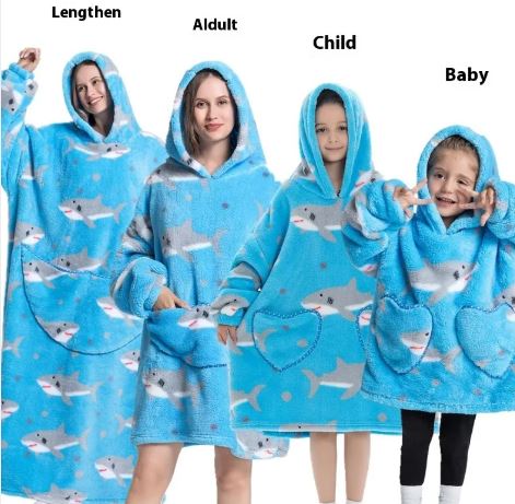 Blue hooded ponchos with shark pattern for adults, children, and babies.