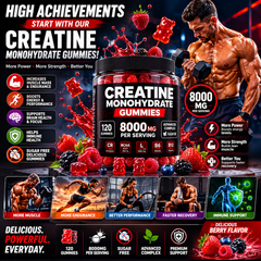 Promotional image of creatine monohydrate gummies with a muscular man lifting weights, surrounded by gummy bears and text highlighting benefits.