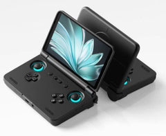 Black foldable phone with a stylized display on a white background