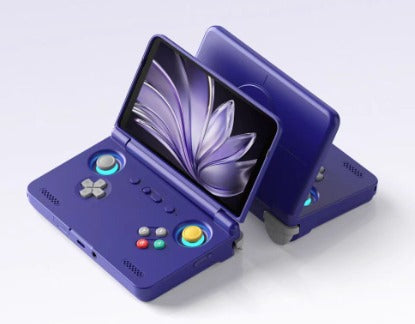 Purple handheld gaming console with a screen displaying a flower graphic on a white background
