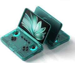 Teal handheld gaming console with a screen displaying a leaf graphic on a white background