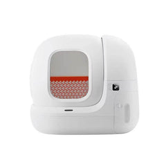 White electronic device with a small window and red interior on a white background
