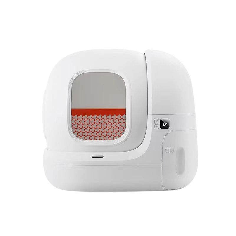 White electronic device with a small window and red interior on a white background